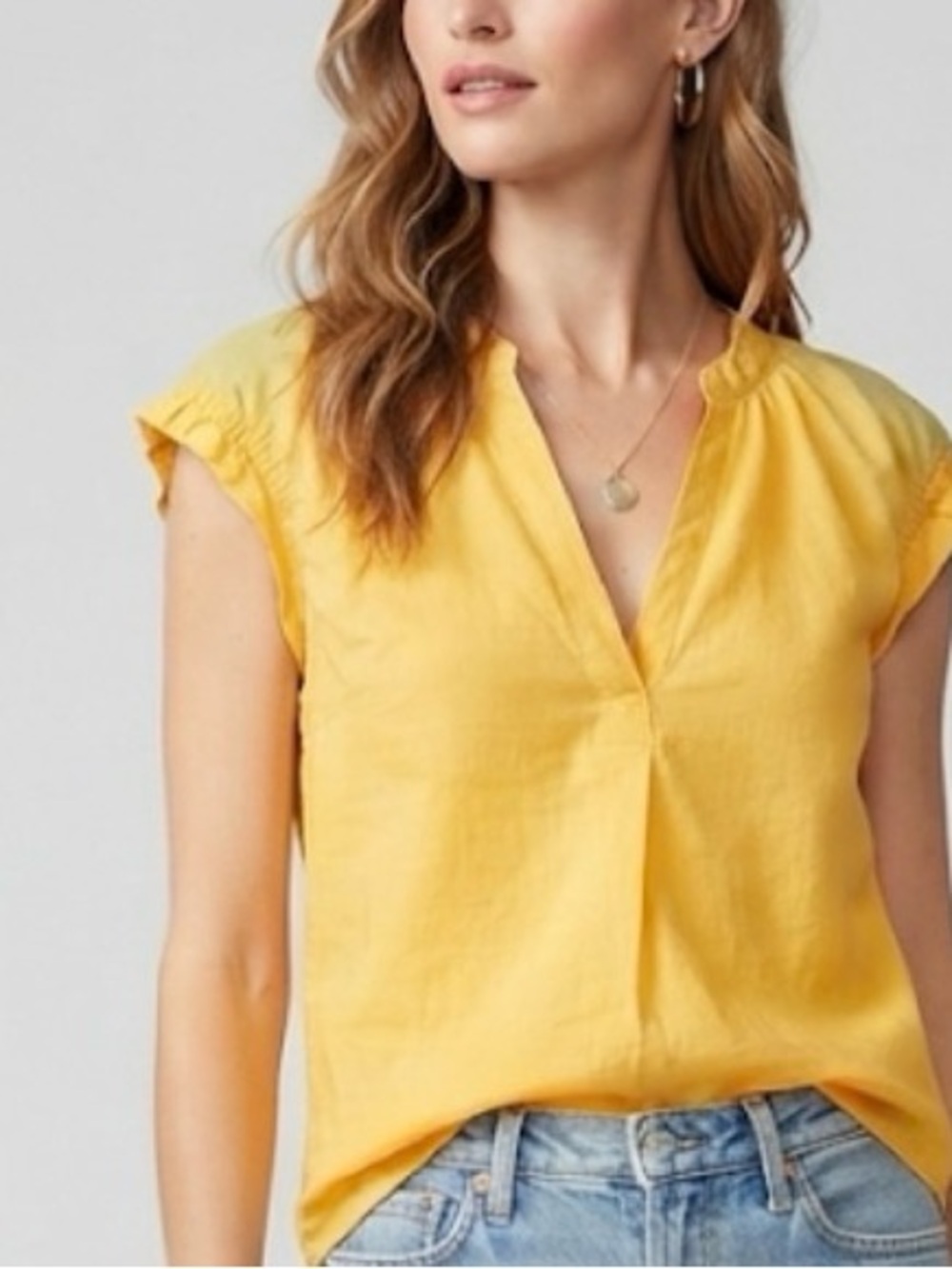 Pilcro Anthropologie Tatum Yellow V-Neck Cap Sleeve Blouse -Linen - size Small
